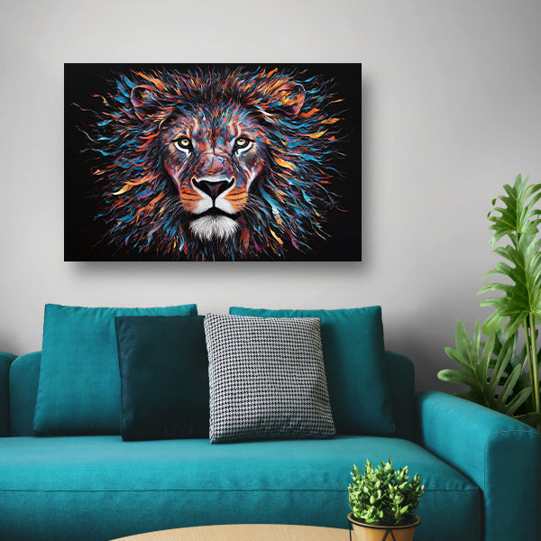 Kleurrijk abstract leeuwenportret met dynamische kleuren canvas met baklijst