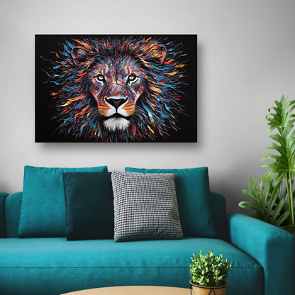 Kleurrijk abstract leeuwenportret met dynamische kleuren canvas met baklijst