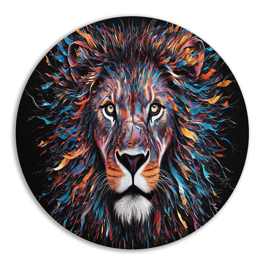 Kleurrijk abstract leeuwenportret met dynamische kleuren forex muurcirkel