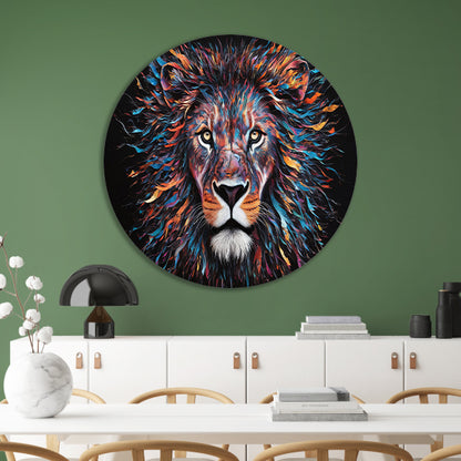 Kleurrijk abstract leeuwenportret met dynamische kleuren forex muurcirkel