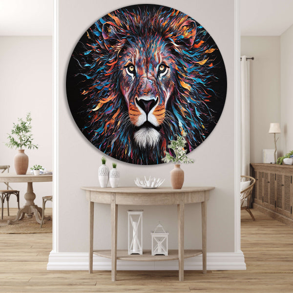 Kleurrijk abstract leeuwenportret met dynamische kleuren forex muurcirkel