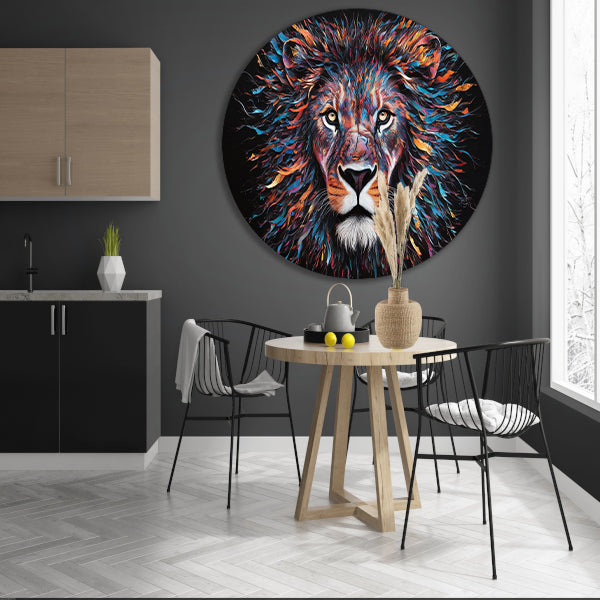 Kleurrijk abstract leeuwenportret met dynamische kleuren aluminium muurcirkel