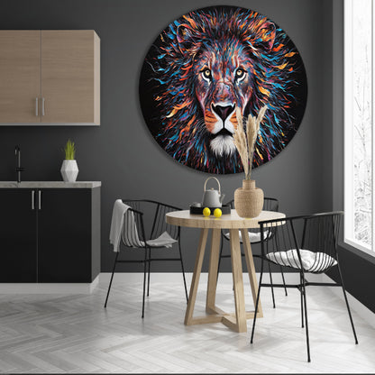 Kleurrijk abstract leeuwenportret met dynamische kleuren aluminium muurcirkel