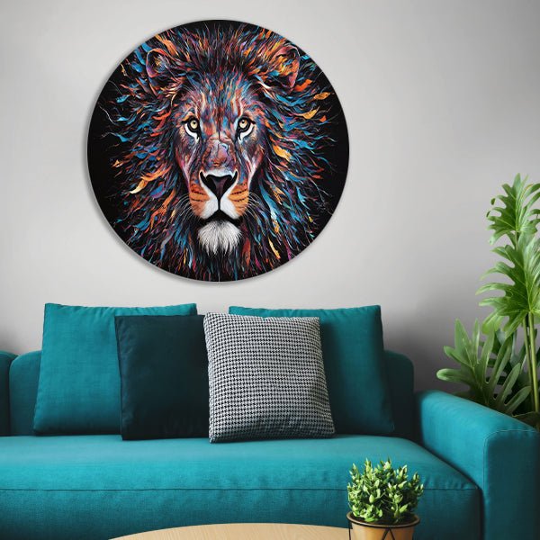 Kleurrijk abstract leeuwenportret met dynamische kleuren forex muurcirkel