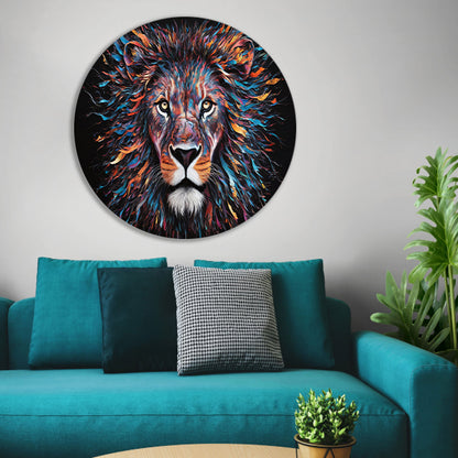 Kleurrijk abstract leeuwenportret met dynamische kleuren forex muurcirkel