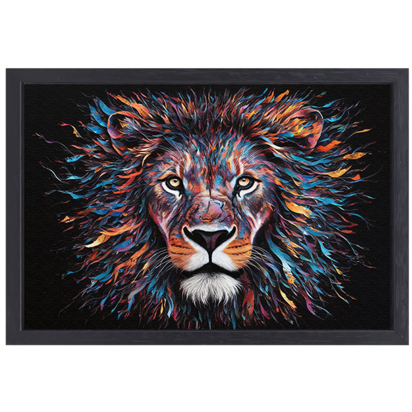 Kleurrijk abstract leeuwenportret met dynamische kleuren canvas met baklijst