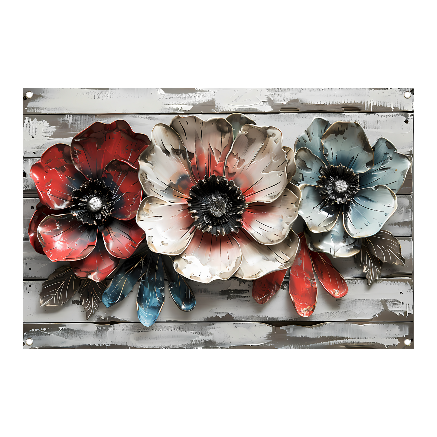 Abstracte bloemen in rood, wit en blauw tuinposter