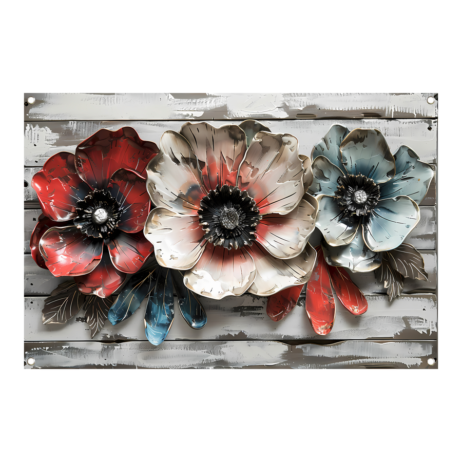 Abstracte bloemen in rood, wit en blauw tuinposter