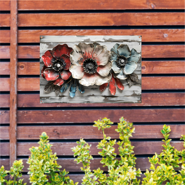 Abstracte bloemen in rood, wit en blauw tuinposter