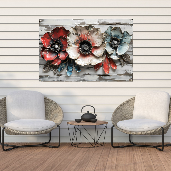 Abstracte bloemen in rood, wit en blauw tuinposter