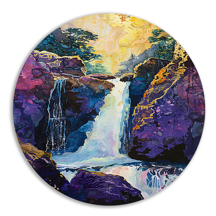 Kleurrijke Waterval in Surrealistisch Boslandschap forex muurcirkel