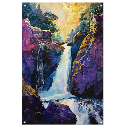 Kleurrijke Waterval in Surrealistisch Boslandschap tuinposter