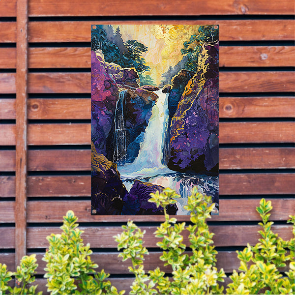 Kleurrijke Waterval in Surrealistisch Boslandschap tuinposter