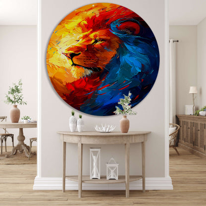 Kleurrijk abstract schilderij van een leeuw aluminium muurcirkel