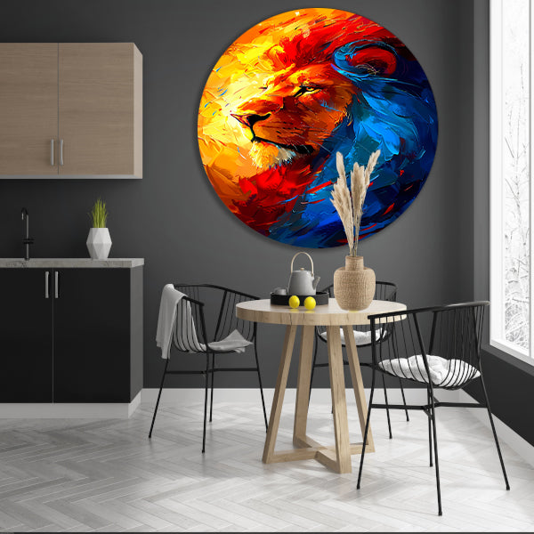 Kleurrijk abstract schilderij van een leeuw aluminium muurcirkel