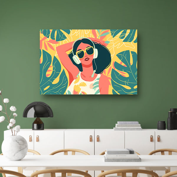 Kleurrijke vrouw met koptelefoon in relaxmodus   acrylglas