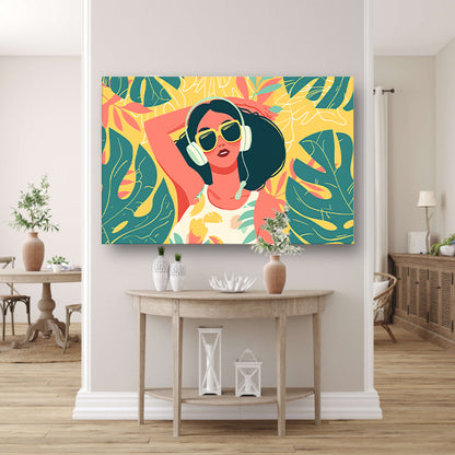Kleurrijke vrouw met koptelefoon in relaxmodus   acrylglas
