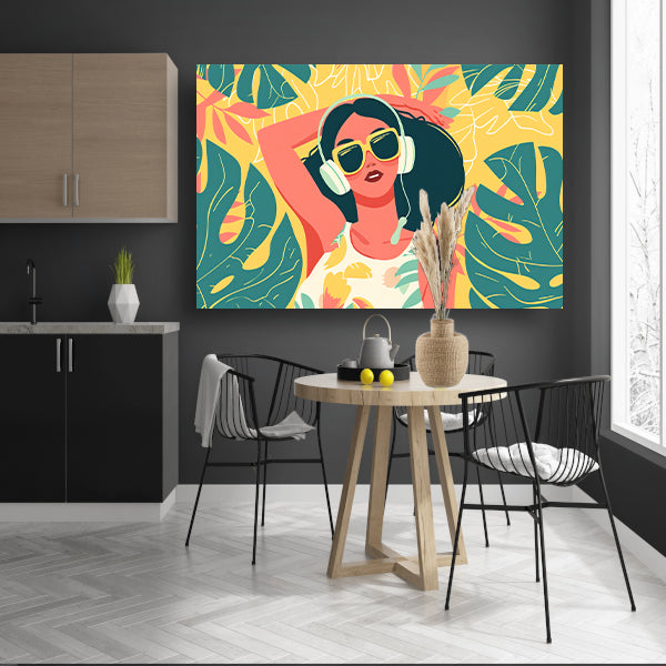 Kleurrijke vrouw met koptelefoon in relaxmodus   acrylglas