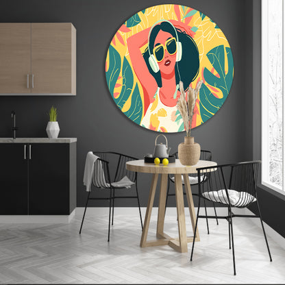 Kleurrijke vrouw met koptelefoon in relaxmodus   aluminium muurcirkel