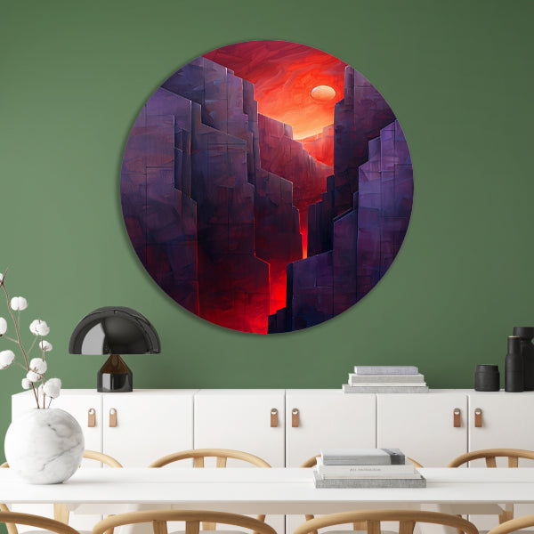 Futuristische canyon bij zonsondergang aluminium muurcirkel