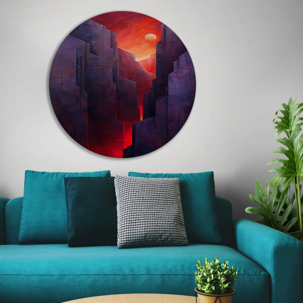 Futuristische canyon bij zonsondergang aluminium muurcirkel