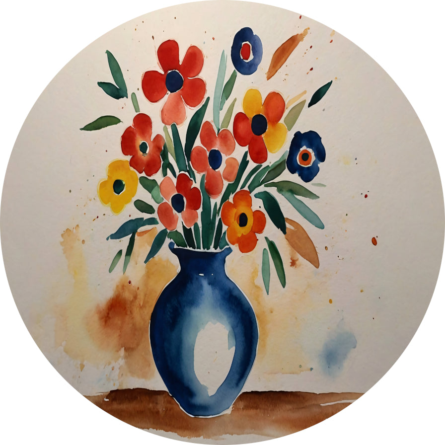 Kleurrijke aquarel van bloemen in vaas forex muurcirkel