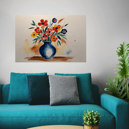 Kleurrijke aquarel van bloemen in vaas poster
