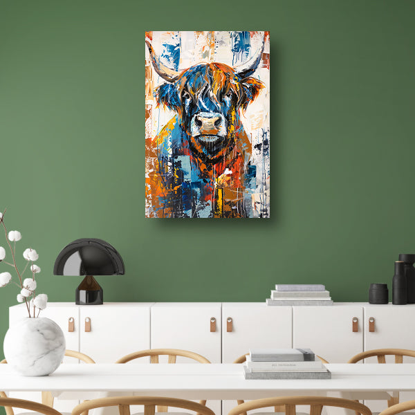 Kleurrijke abstracte schilderij van Schotse hooglander canvas met baklijst