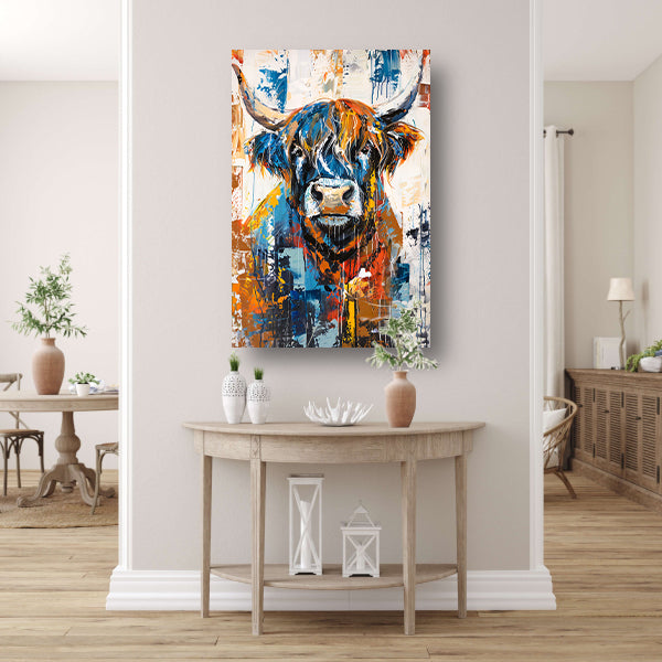 Kleurrijke abstracte schilderij van Schotse hooglander canvas met baklijst