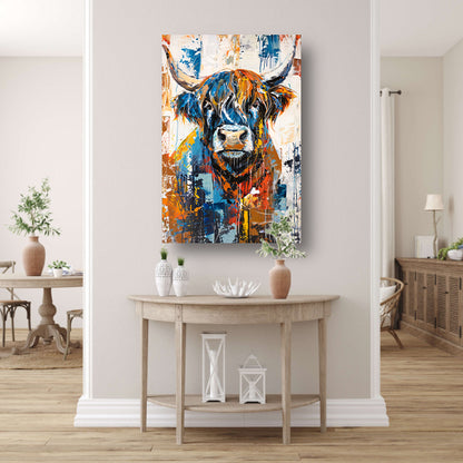 Kleurrijke abstracte schilderij van Schotse hooglander canvas met baklijst