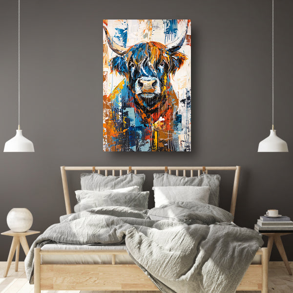 Kleurrijke abstracte schilderij van Schotse hooglander canvas met baklijst
