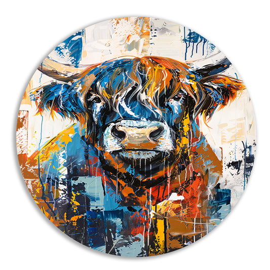 Kleurrijke abstracte schilderij van Schotse hooglander aluminium muurcirkel