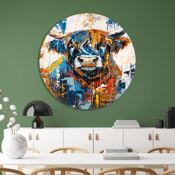 Kleurrijke abstracte schilderij van Schotse hooglander forex muurcirkel