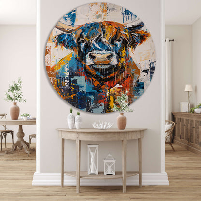 Kleurrijke abstracte schilderij van Schotse hooglander forex muurcirkel