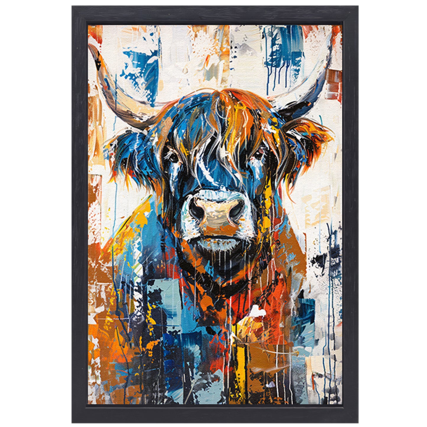 Kleurrijke abstracte schilderij van Schotse hooglander canvas met baklijst