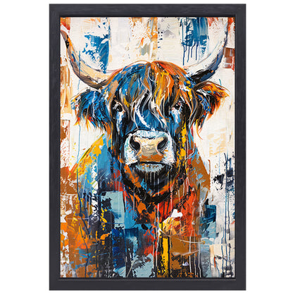 Kleurrijke abstracte schilderij van Schotse hooglander canvas met baklijst