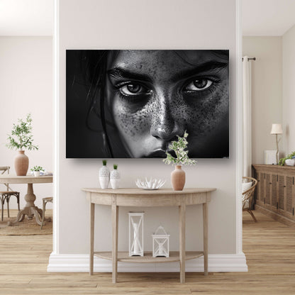 Zwart-wit portret met intense blik canvas