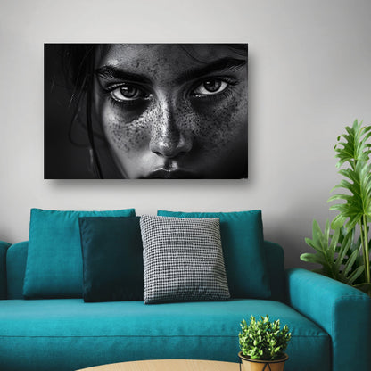 Zwart-wit portret met intense blik canvas