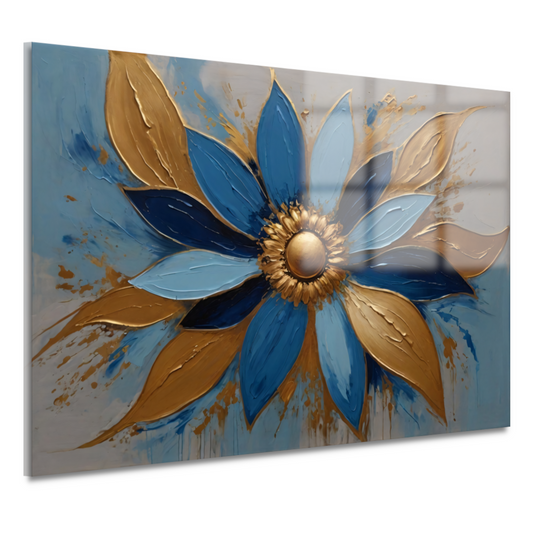 Abstracte Gouden Bloesem op Blauw acrylglas