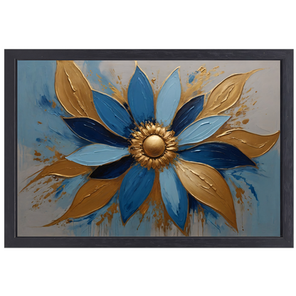 Abstracte Gouden Bloesem op Blauw canvas met baklijst