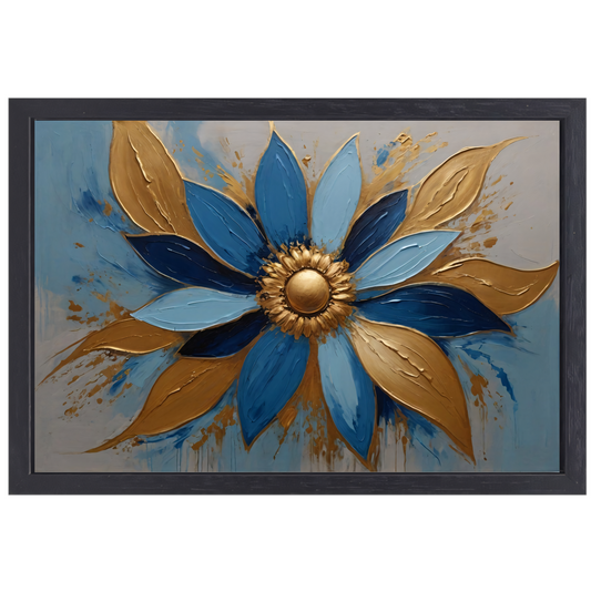 Abstracte Gouden Bloesem op Blauw canvas met baklijst