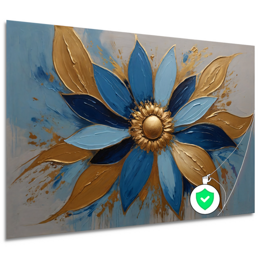 Abstracte Gouden Bloesem op Blauw poster
