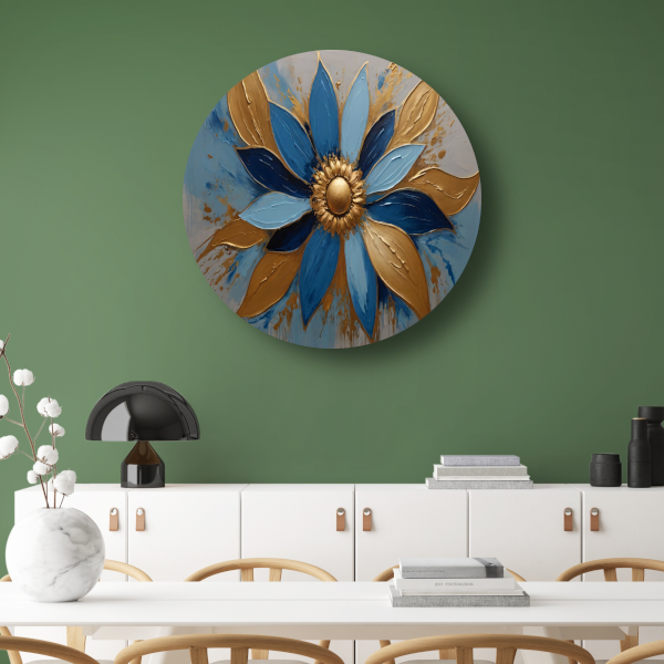 Abstracte Gouden Bloesem op Blauw aluminium muurcirkel