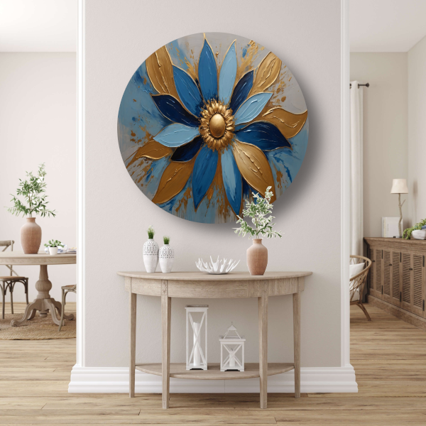 Abstracte Gouden Bloesem op Blauw aluminium muurcirkel