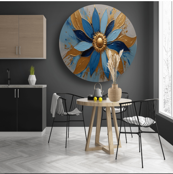 Abstracte Gouden Bloesem op Blauw aluminium muurcirkel