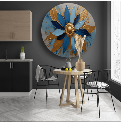 Abstracte Gouden Bloesem op Blauw aluminium muurcirkel