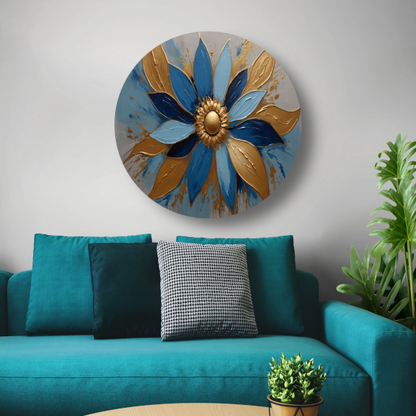 Abstracte Gouden Bloesem op Blauw aluminium muurcirkel