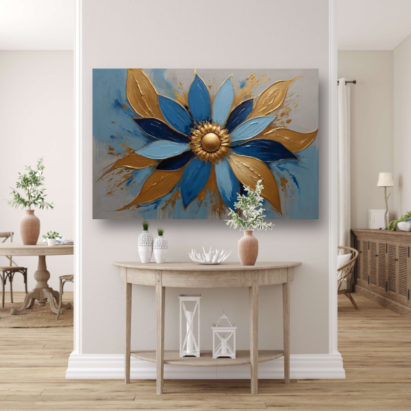Abstracte Gouden Bloesem op Blauw poster