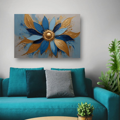 Abstracte Gouden Bloesem op Blauw poster