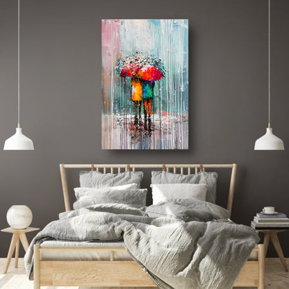 Abstract schilderij van een koppel onder paraplu poster